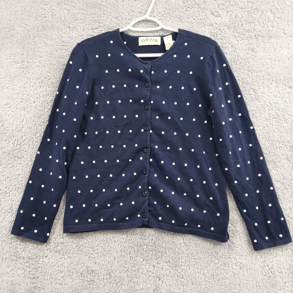 Orvis Cardigan Sweater Women Small Navy Blue Polka Dot Button Front Cotton Blend